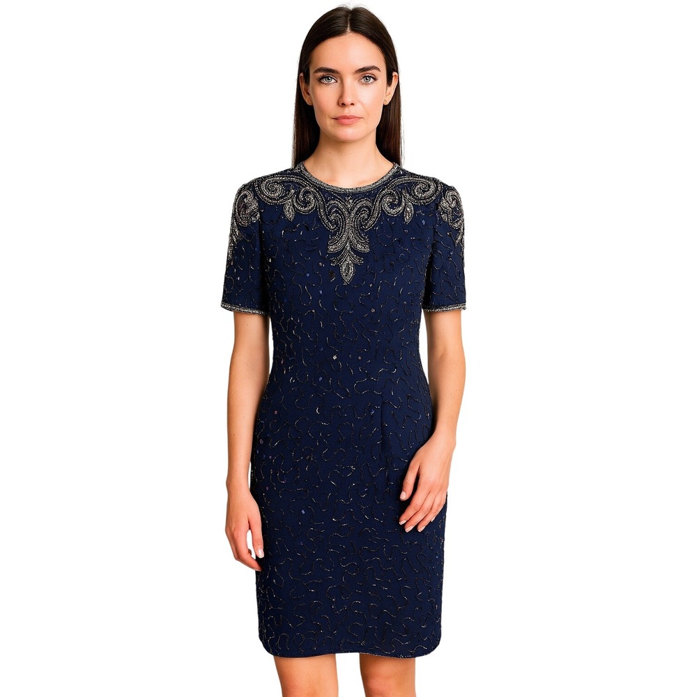 Robert Anthony Women's Size 10 Navy‎ Blue Beaded Silk Keyhole Back Dress Vintage